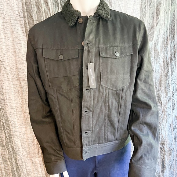 Express mens black denim fur lined jacket. - Picture 3 of 12